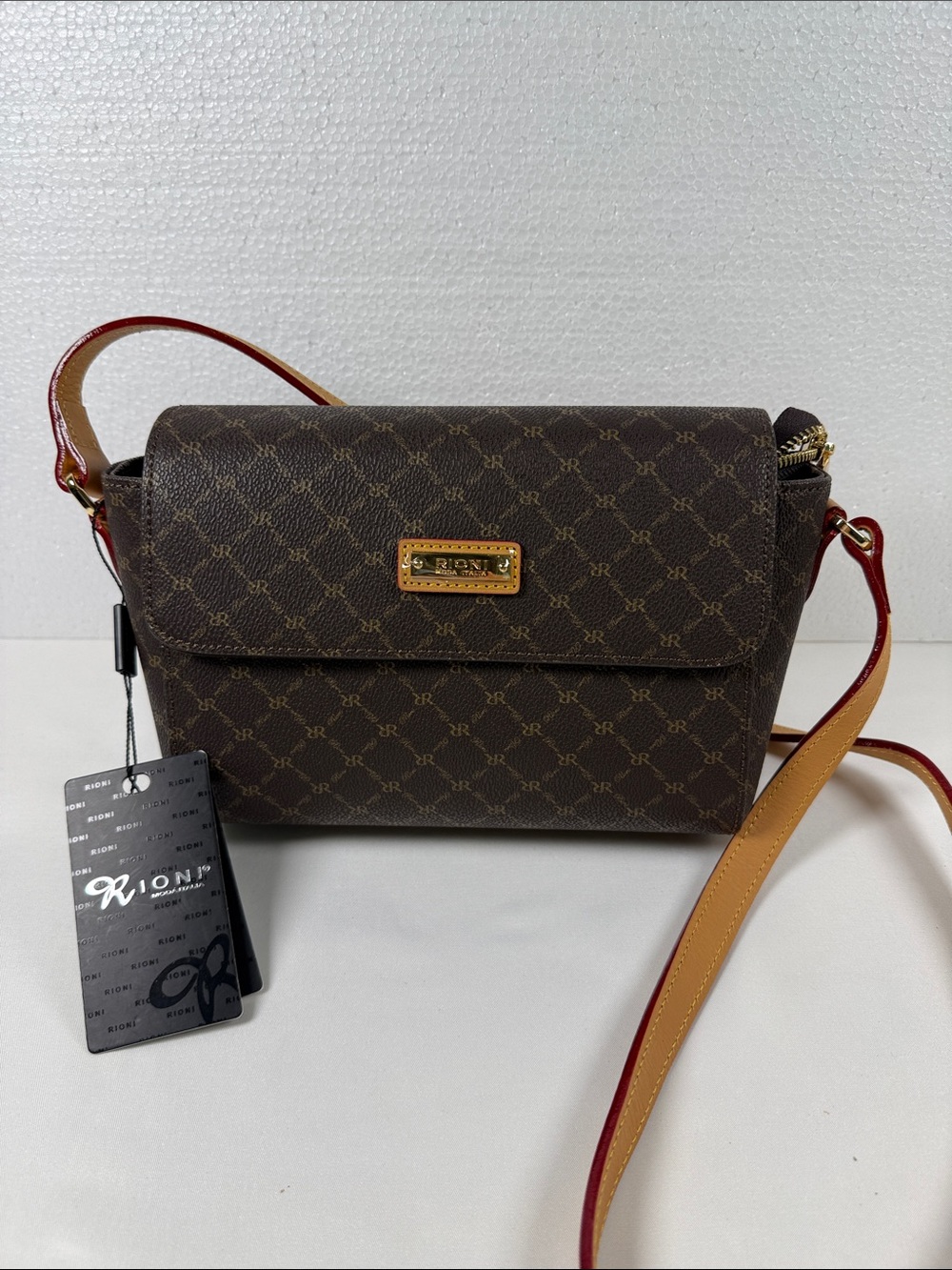 Rioni Brown Monogram Crossbody with Tan Strap and Red Edge